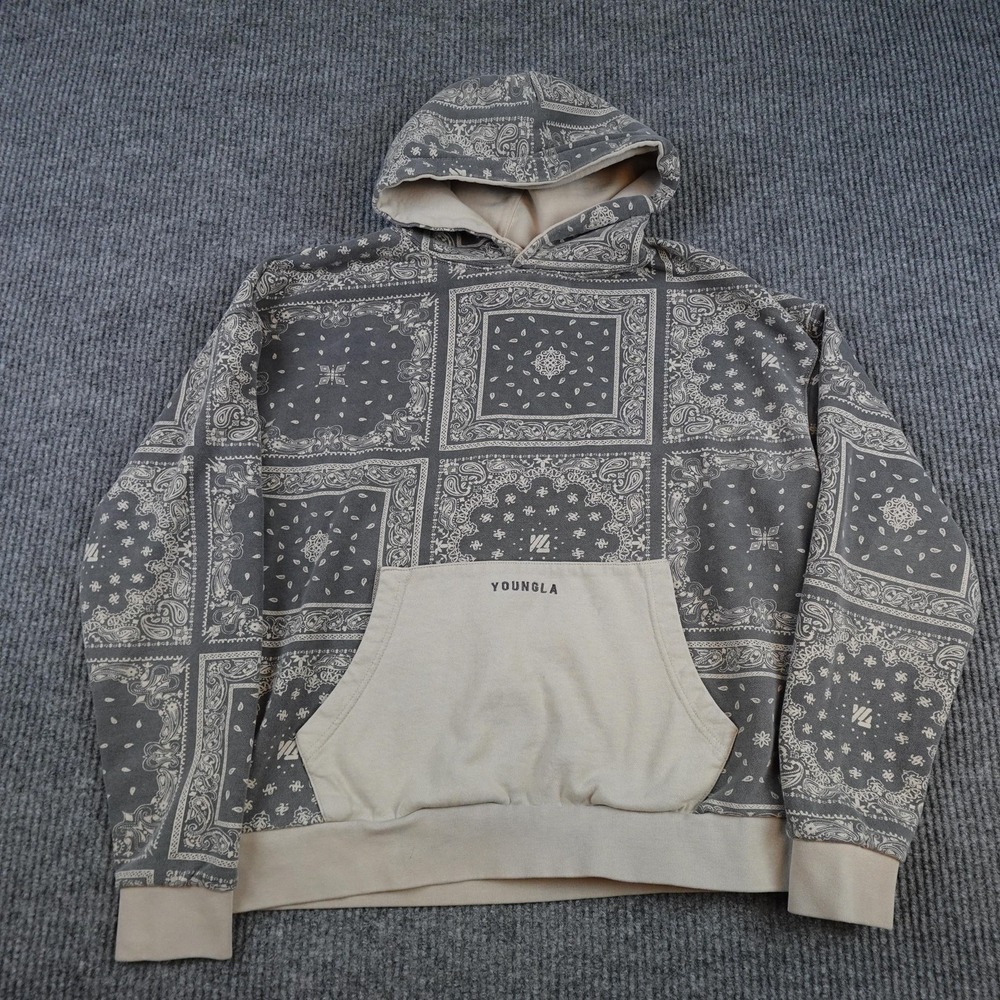 YoungLA Hoodie Mens Medium Gray Paisley Fleece Pullover Sweatshirt Bandana Print